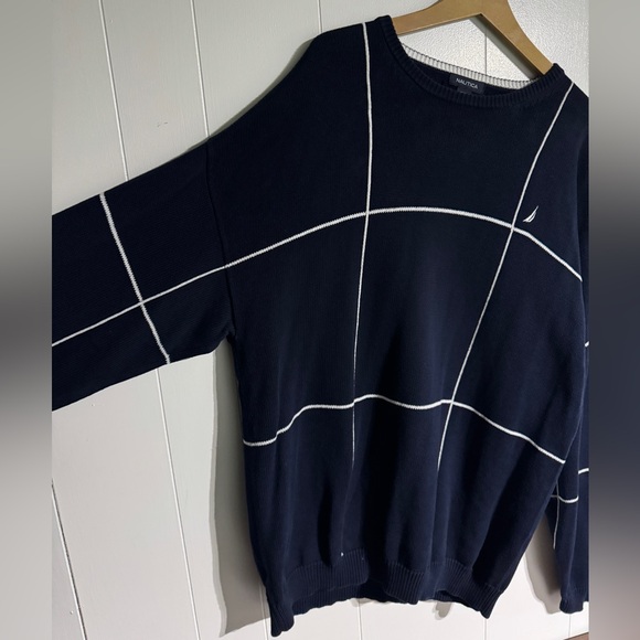 Vintage Nautica Knit Sweater Simple Style Navy Blue Big Checkered Window Pane - Picture 4 of 12